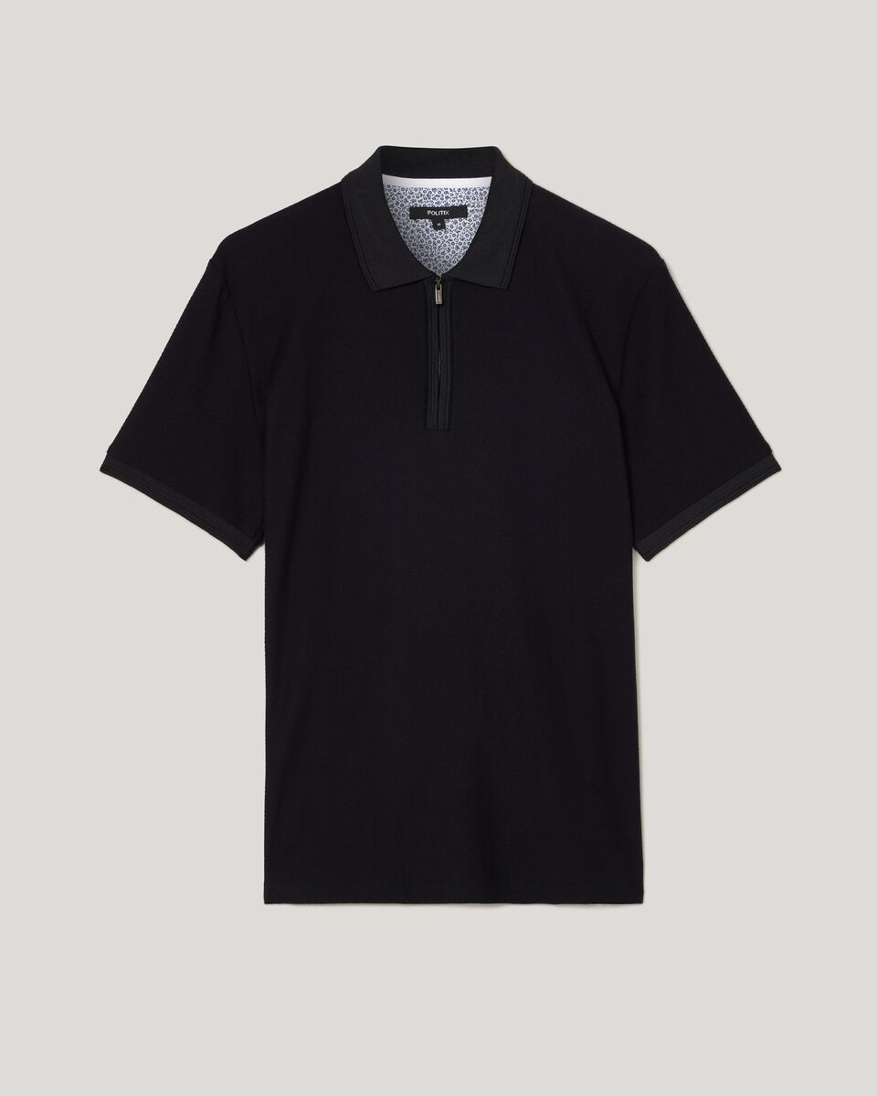 Textured Zip-up Polo, Black, hi-res